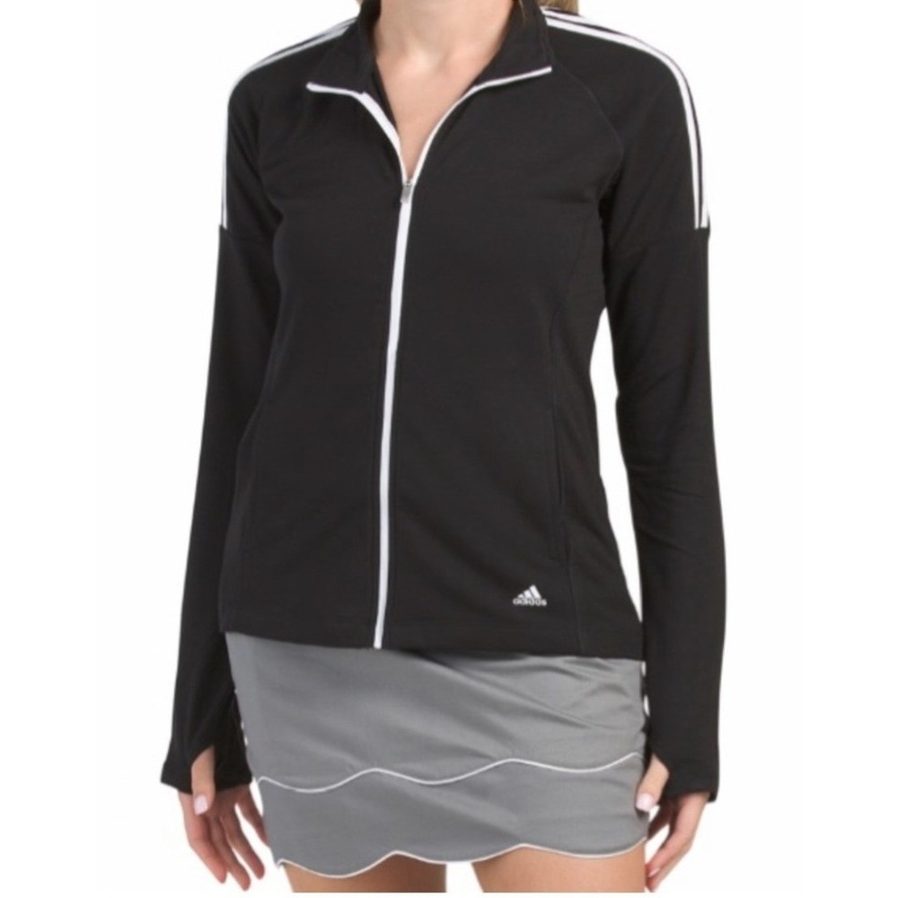 Adidas Golf Women XL Black Full Zip 3 Stripe‎ Thumbhole Performance Jacket EUC